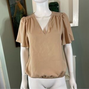 Express Tan Nude V-Neck Flutter Sleeve Blouse Blouson Top Shirt Small S